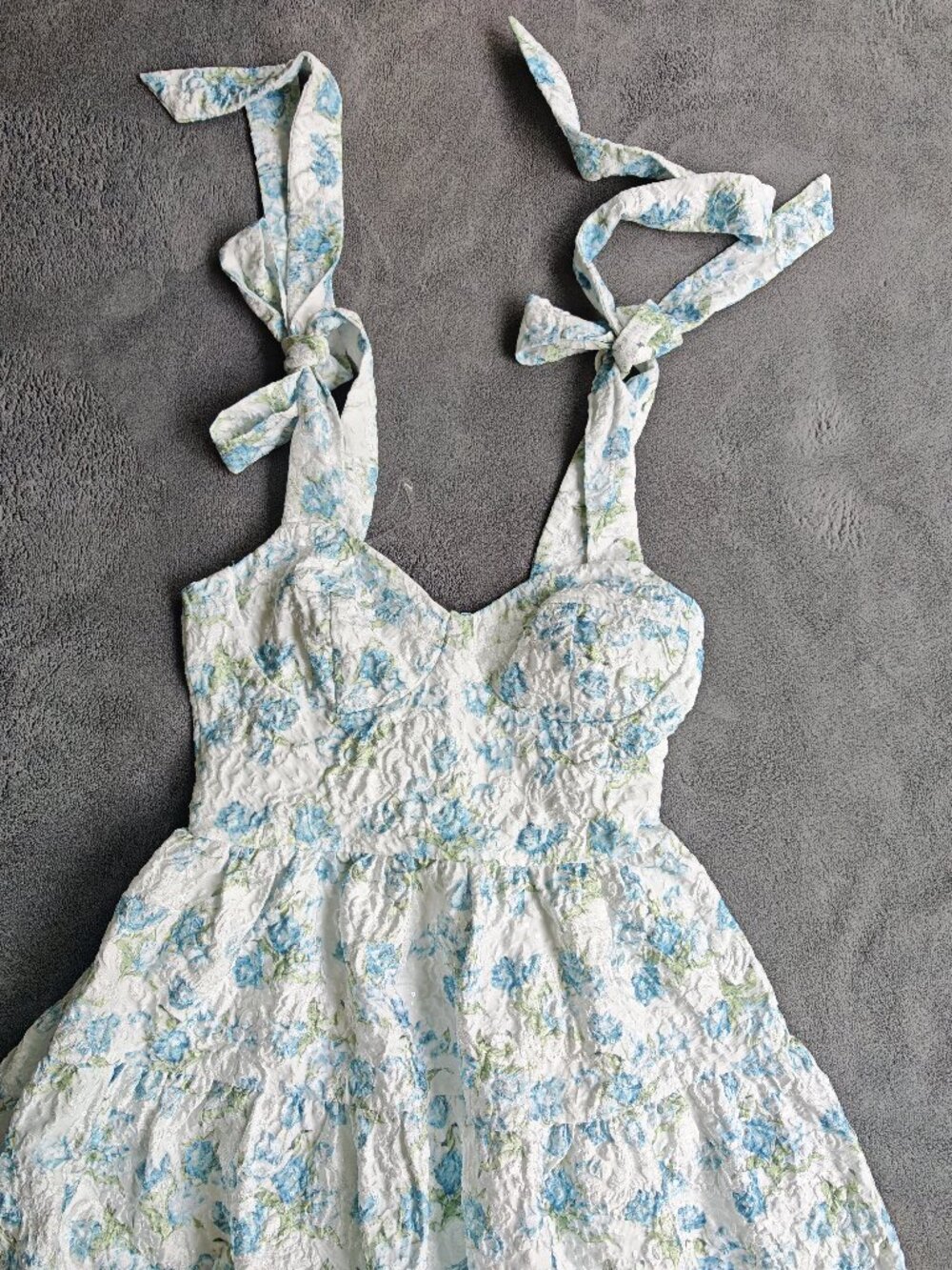 Altar’d State Blue Floral Shimmer Jacquard Tie Strap Mini Dress Cottagecore Size - Picture 7 of 16